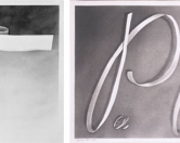 Edward Ruscha drawings, gunpowder on paper, 1970(left) 1967(right)