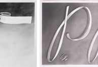 Edward Ruscha drawings, gunpowder on paper, 1970(left) 1967(right)
