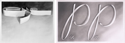 Edward Ruscha drawings, gunpowder on paper, 1970(left) 1967(right)